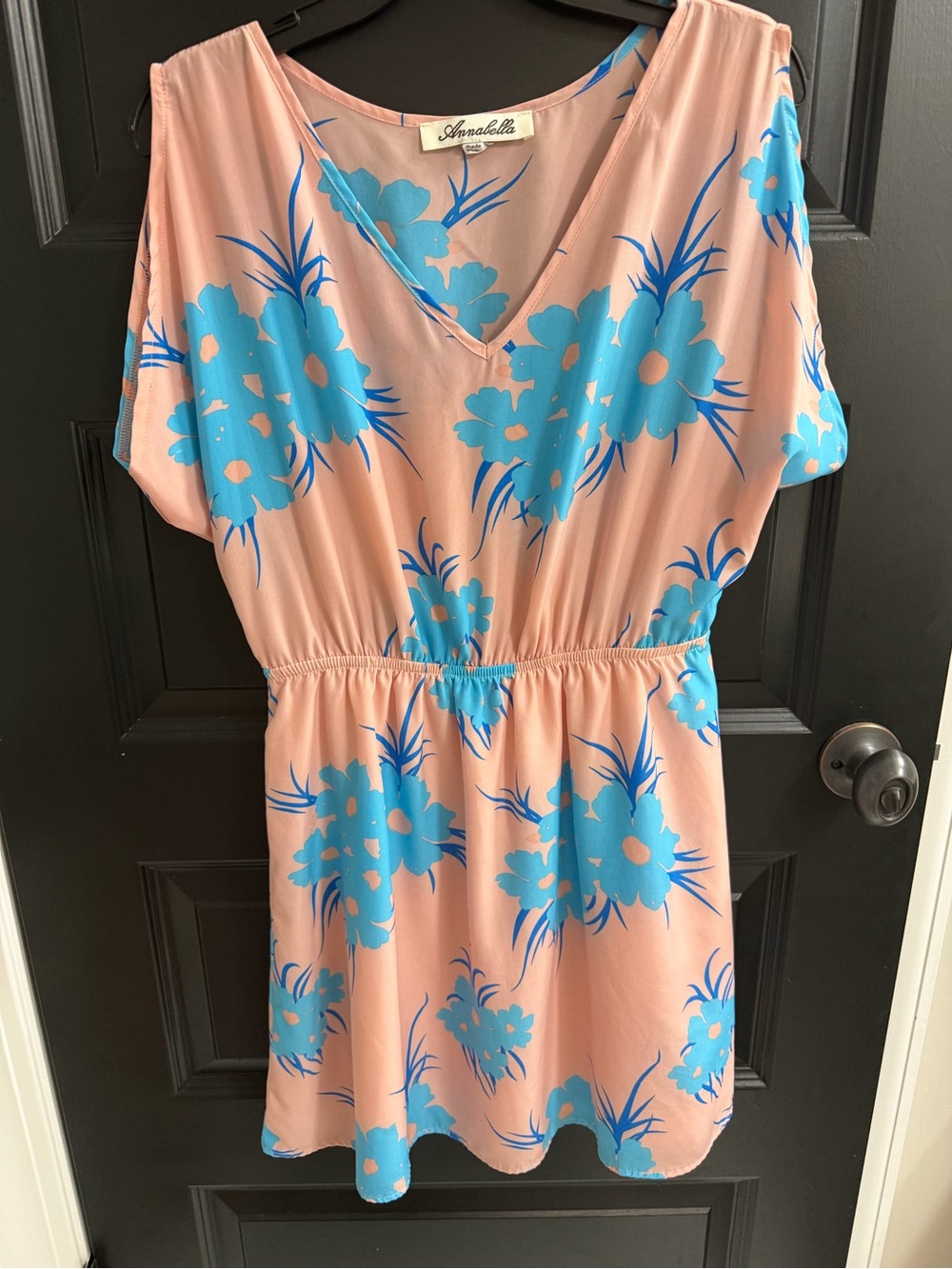 Annabella Peach Blue Floral V-Neck Mini Dress Size Small